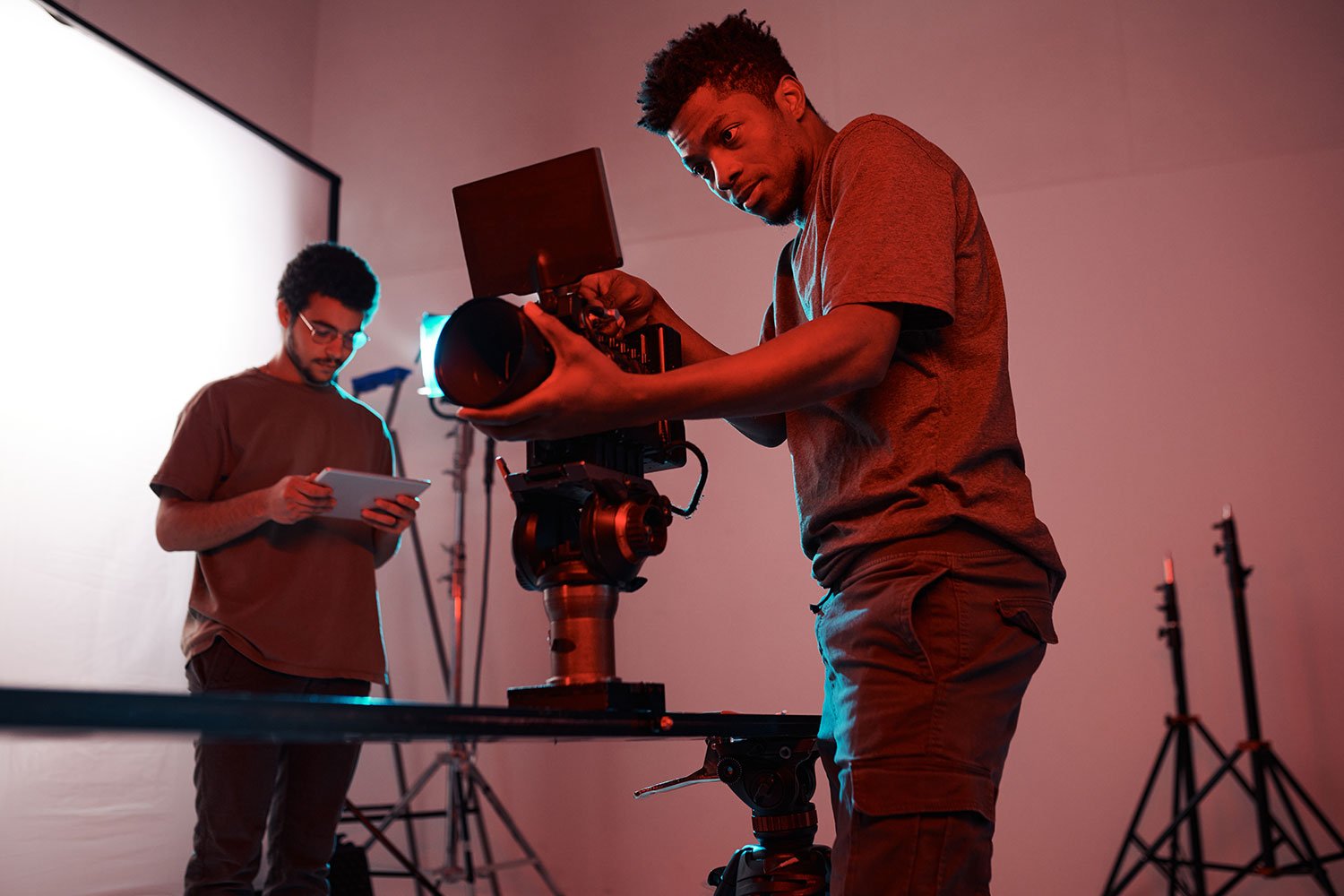 Crew preparing a camera for a television commercial shoot